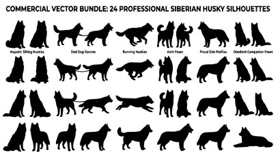 Commercial Siberian Husky Silhouette Bundle with Realistic Running, Sitting, Standing, and Sled Dog Poses for Professional Vector Projects © sobuj