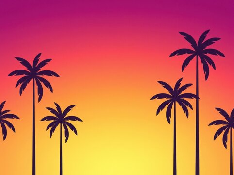 Silhouette palm trees against vibrant orange pink purple sunset sky backdrop