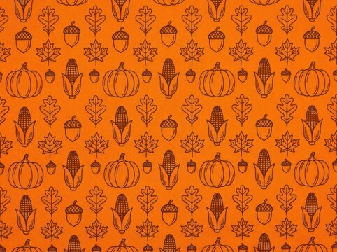 Seamless pattern of fall icons pumpkins corn acorns and leaves on orange textured background, autumn theme