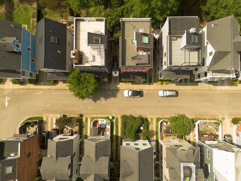 Aerial view of high-density new homes on narrow lots in downtown Raleigh, North Carolina
