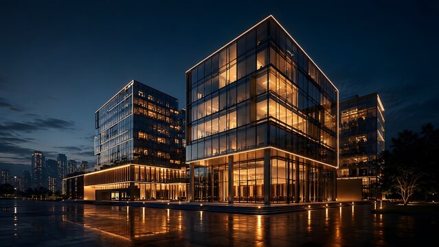 Modern commercial real estate glass office buildings illuminated at night reflecting on wet pavement