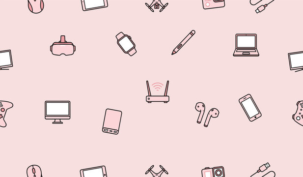 Cute Pink Device Seamless Pattern Background for Tech Accessories, Fabric and Wrapping Paper