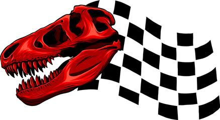 Red Tyrannosaurus Rex Skull with Checkered Racing Flag Vector Illustration © gio