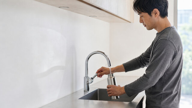 自宅で再利用できる水筒に水を入れる日本人男性