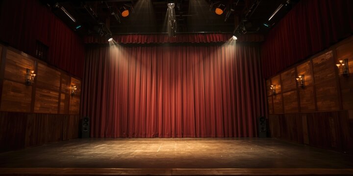 Theater Stage with Red Curtains and Spotlight in a Warm Atmosphere