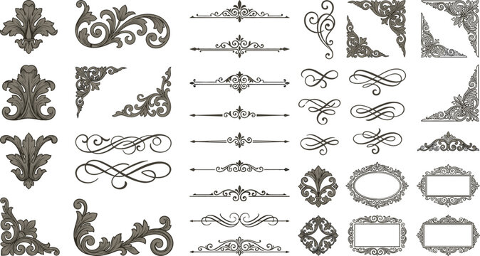 Vintage baroque design element vector collection featuring ornate borders corners frames and filigree scrolls for premium wedding invitation and certificate templates