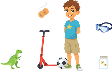 Cute Boy Childhood Leisure Vector Character Set Featuring Little Kid Active Kick Scooter Soccer Ball Dinosaur Toy Yo-Yo Swim Goggles and Fireflies in Jar © MbBasir
