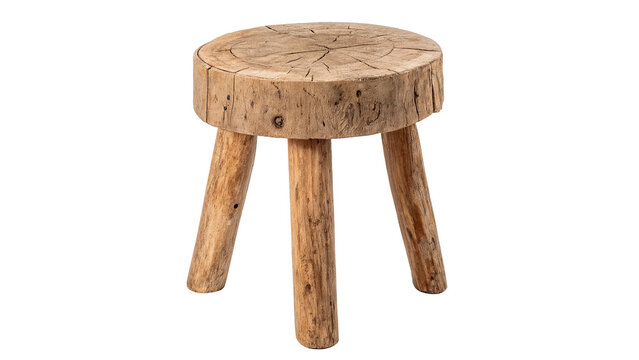 Simple classic three legged natural brown wooden stool asset isolated on transparent background