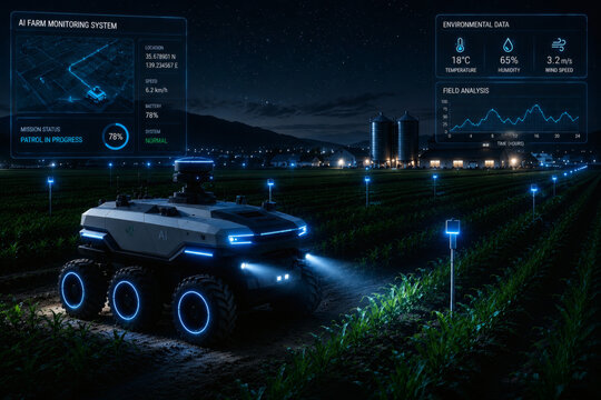Autonomous AI rover monitoring crops with smart farm sensors at night