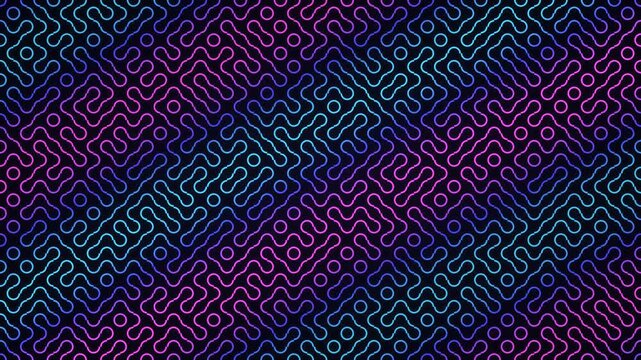 Intricate neon blue and magenta lines weave into an abstract maze pattern against a dark background.