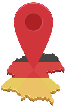3D isometric map of Germany with national flag and large red map pin marker symbolizing location, national territory, destination, and European positioning. (cut out)