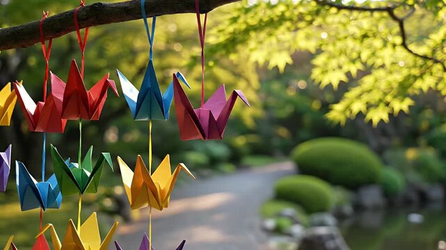 Colorful origami cranes hanging from green tree branch