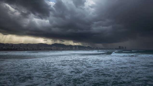 Stormy Ocean Landscape - Dark Clouds Over City Skyline, Dramatic Mood