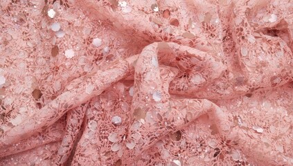 Fototapeta premium Pink lace fabric with sequins and floral patterns