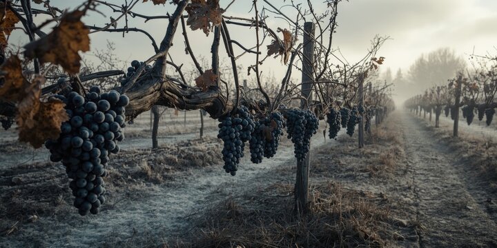 Grapevines with ripe black grapes in a foggy vineyard