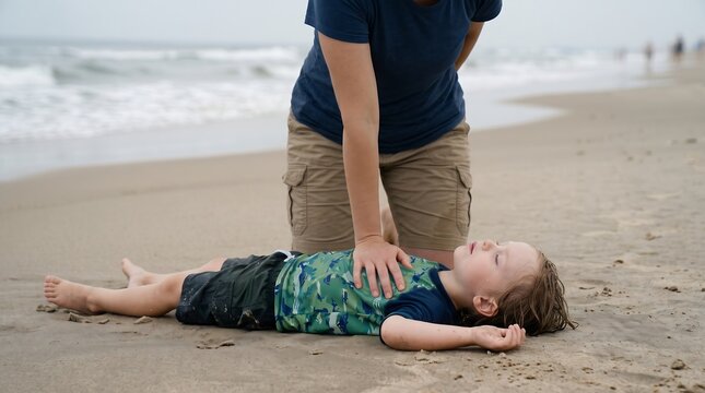 CPR Training on the Beach: A person is performing CPR on a child lying on a sandy beach near the ocean, emphasizing emergency preparedness and life-saving skills in an outdoor setting.