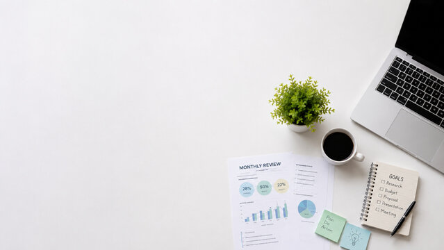 Business planning workspace with mid year review documents and colorful graphs on white desk