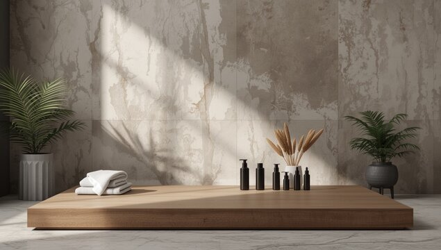 Wooden platform with skincare products and towels in minimalist spa setting