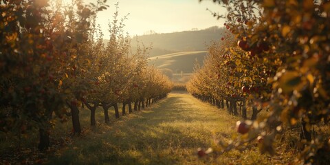 Fototapeta premium Apple orchard with autumn foliage and sunlight streaming in
