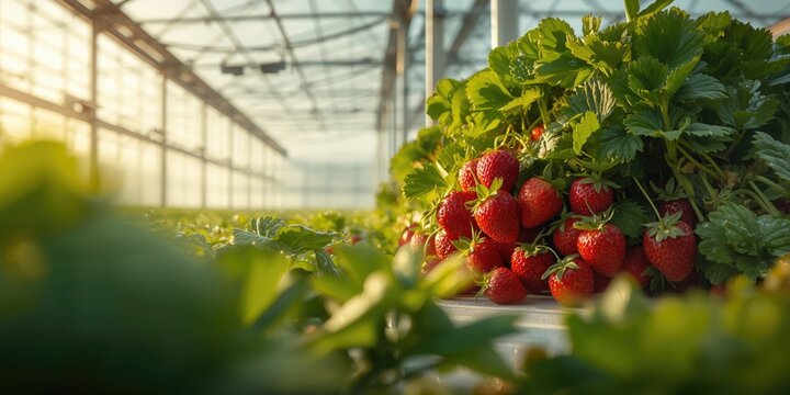 Ripe strawberries growing in a greenhouse setting