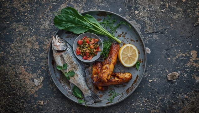 Grilled fish with vegetables and lemon on a plate