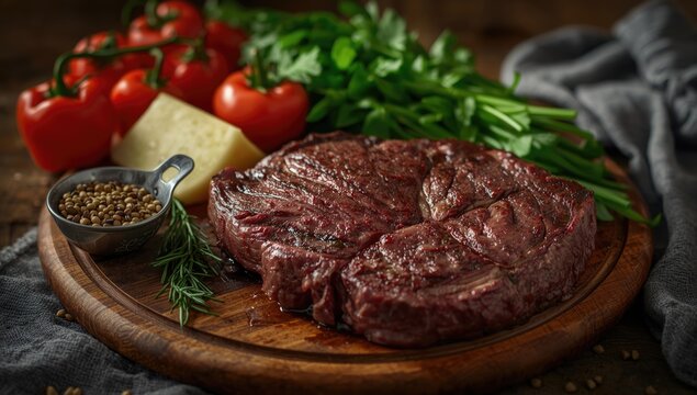 Raw beef steak with vegetables and spices on wooden board