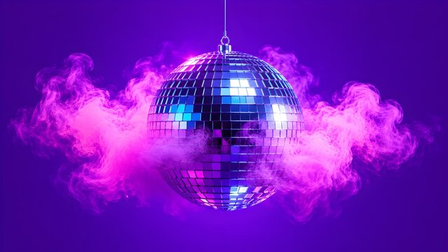 Disco mirror ball with colorful smoke creating vibrant party entertainment nightlife and celebration background