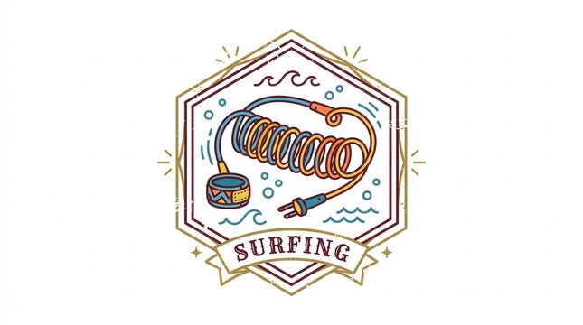 Surfing logo with coiled electrical cord and plug