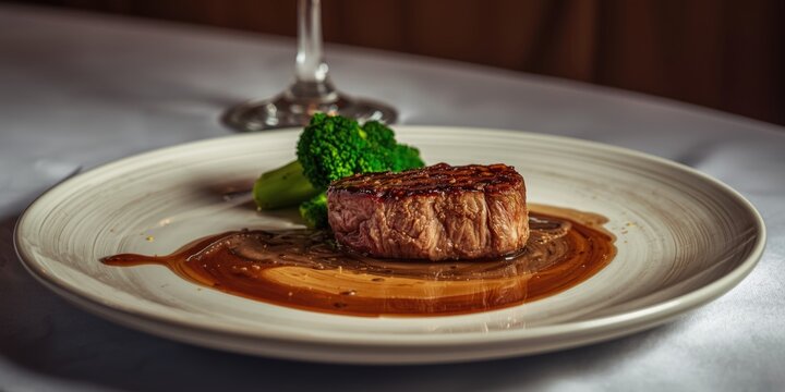 Grilled steak with broccoli on a white plate