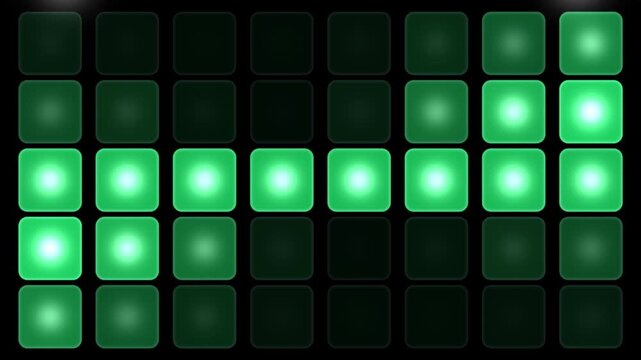 A dynamic grid of glowing LED squares shifts through vibrant colors against a dark background with sweeping light beams.
