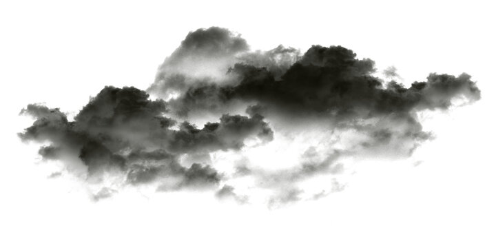 Dramatic dark storm cloud isolated on white background, moody black smoke texture, ominous thundercloud element for digital compositing