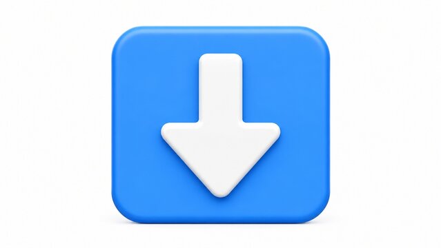3D download arrow icon on blue rounded square button isolated white background