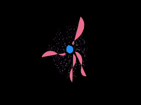 Ornamental petal shapes in a blend of pink and bright blue, swirling around a central point amidst a scattering of glowing particles against a black background.