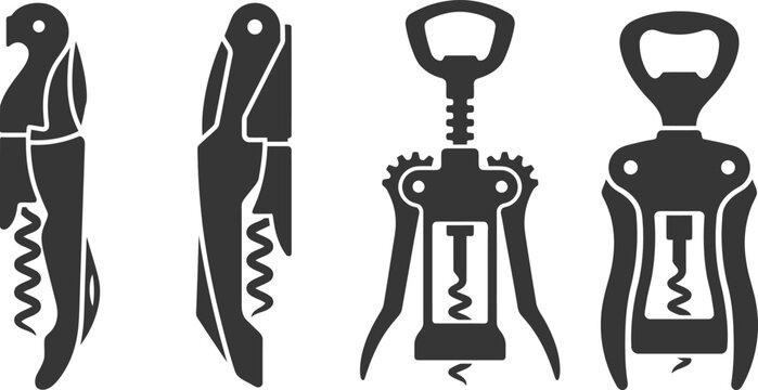 A collection of various mechanical wine openers and beverage corkscrews helps home bartenders efficiently remove stubborn seals from glass bottles while preparing drinks for their guests tonight