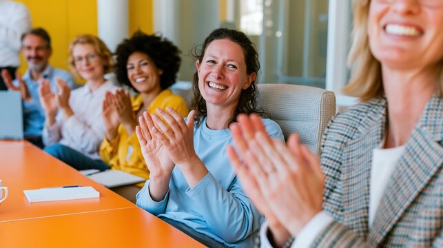 Group of colleagues applauding and smiling at a warm amber conference table, capturing an uplifting moment of team success in a sunlit modern office
