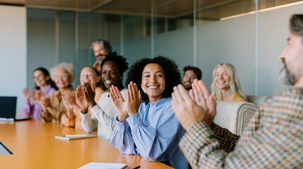 Fototapeta premium A diverse group of colleagues sitting at an amber conference table applauding, showing a cheerful and appreciative mood in a modern office for business success and team recognition