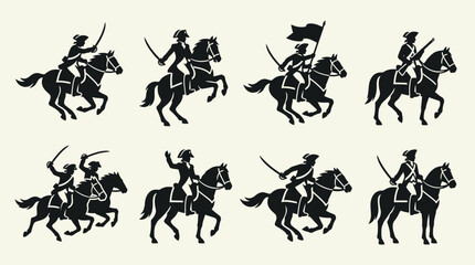Fototapeta premium Set of silhouettes of American Revolutionary War soldiers on horseback.