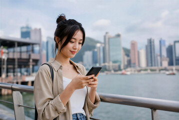 Fototapeta premium Smiling Female Tourist Texting on Mobile Phone Along Urban Promenade
