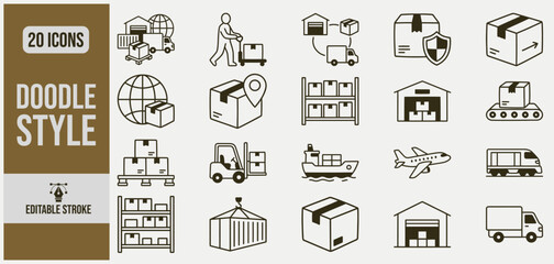 Fototapeta premium Logistics and delivery icons in a clean doodle style with a concept of global shipping and supply chain management
