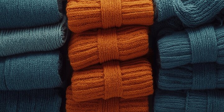 Stacked Knitted Sweaters in Teal and Orange - Cozy Arrangement, Warm Texture