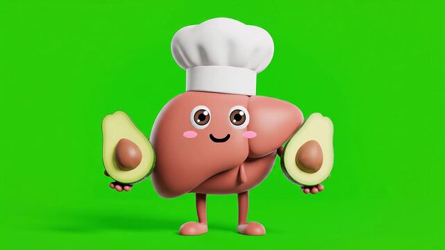 Cute cartoon liver character wearing a chef's hat and holding avocado halves on a vibrant green screen background.