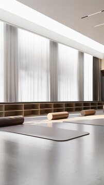 Modern bright yoga studio with mats and foam rollers ready for exercise