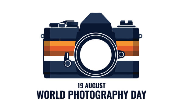 Retro style vintage camera illustration celebrating world photography day on august nineteenth with bold typography design