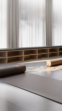 Empty yoga studio with foam rollers and mats arranged near shelves