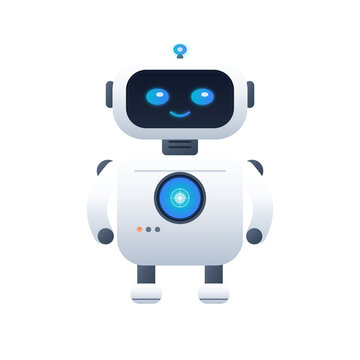 Cute white friendly robot character with glowing blue screen and eyes
