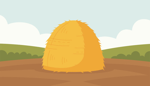 Single golden haystack resting in an open field with rolling green hills under a bright sky.
