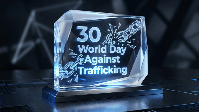 Crystal award displaying text and fractured ice pattern illuminated blue lighting