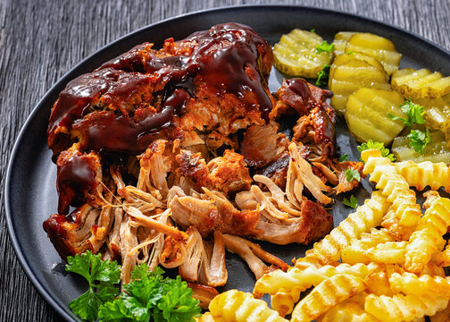 Slow Cooked Pork With Wave Fries And Pickles