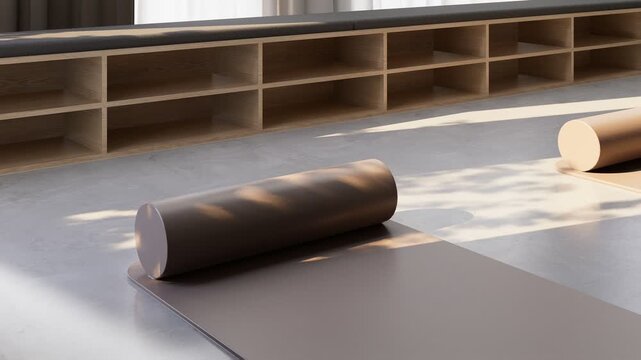 Empty yoga studio with mats and foam rollers prepared for restorative yoga class