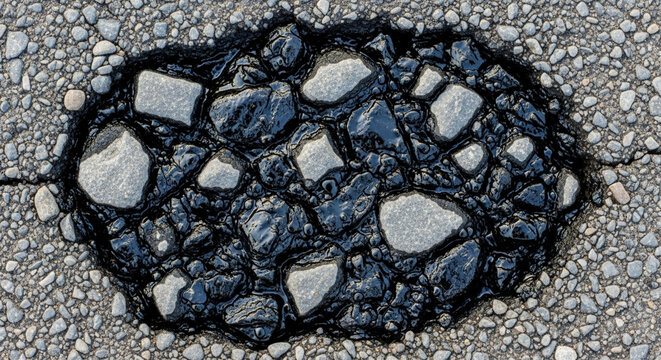 Cracked asphalt pothole filled with tar and stones, close-up, rough texture